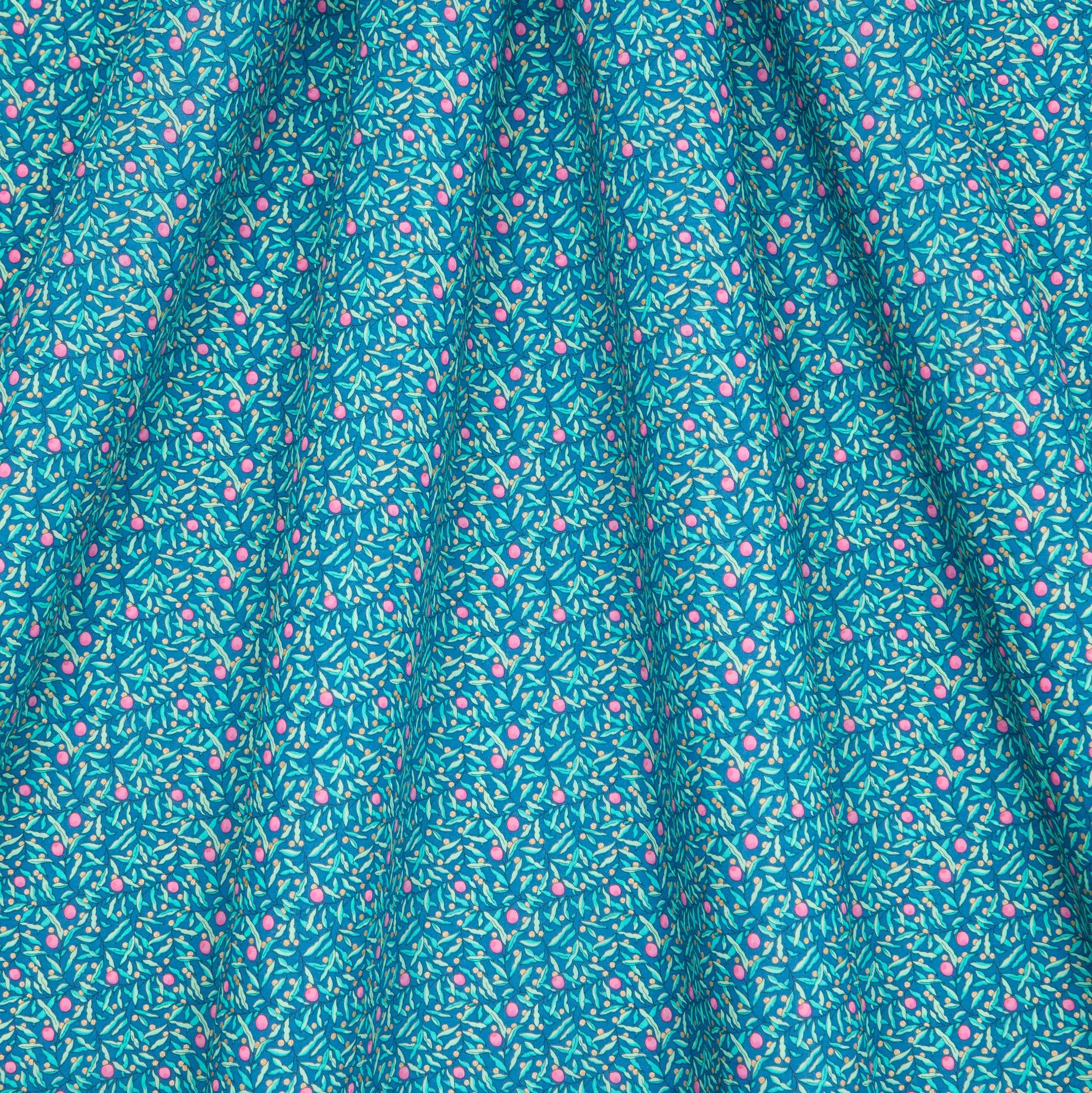Teal fabric with small floral pattern Liberty Fabric Festive 2025 Christmas Joyous Juniper
