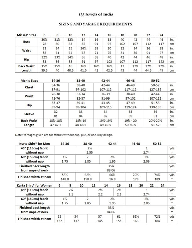 Sizing and yardage requirements chart for 135 Jewels of India Folkwear Sewing Pattern