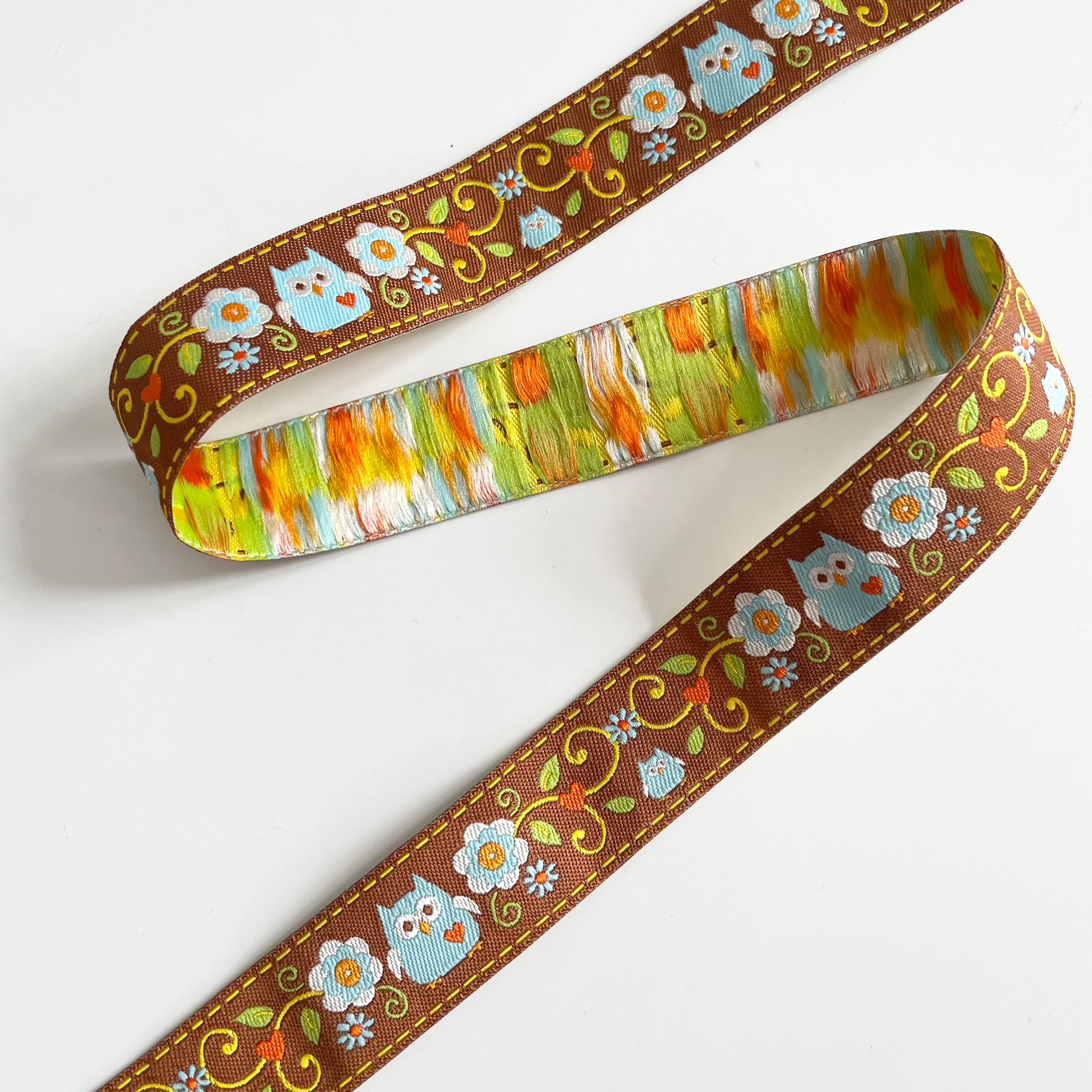 Dena Designs Ribbon : Happi Owls - Blue on Brown