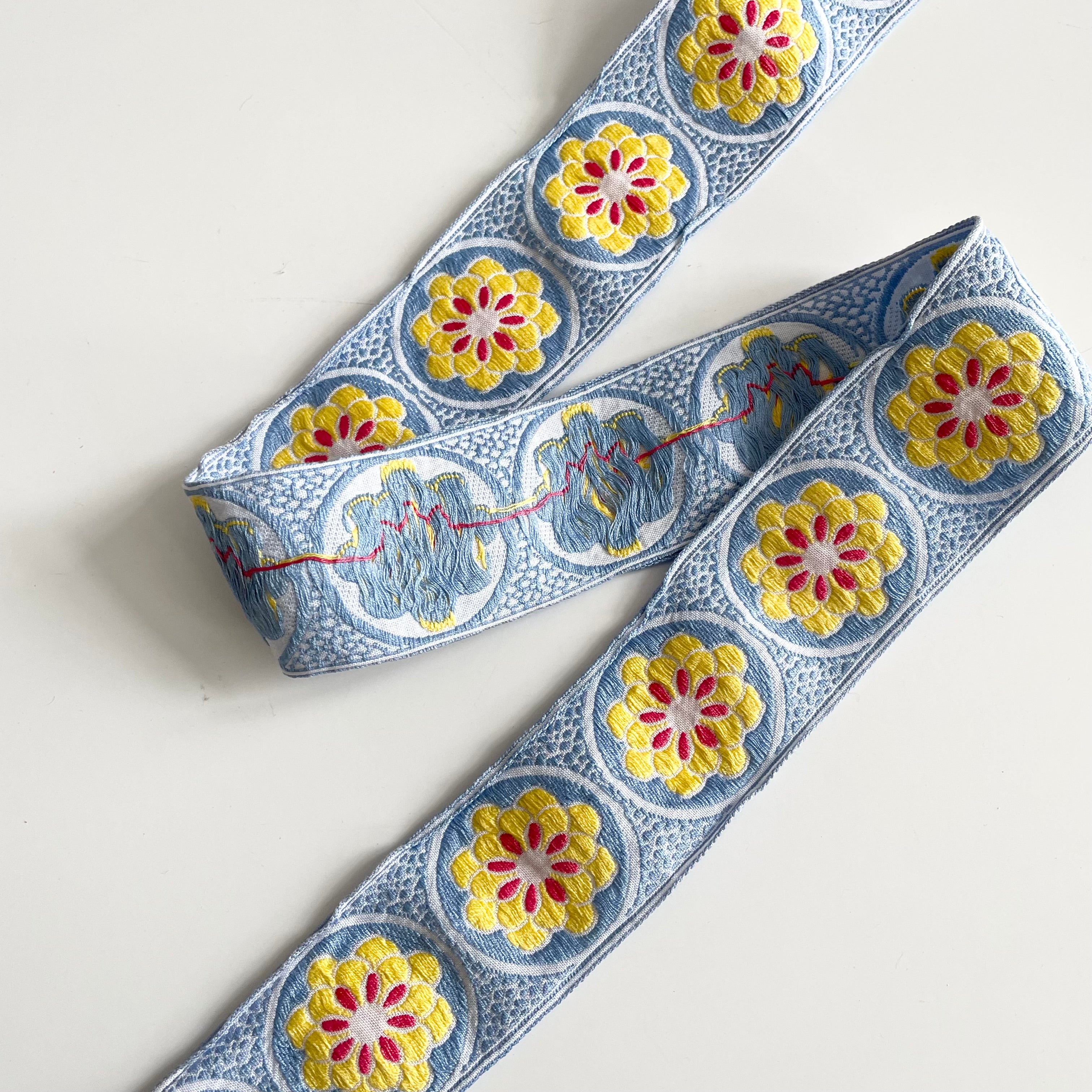 Vintage Speckled Floral Ribbon - Yellow on Blue