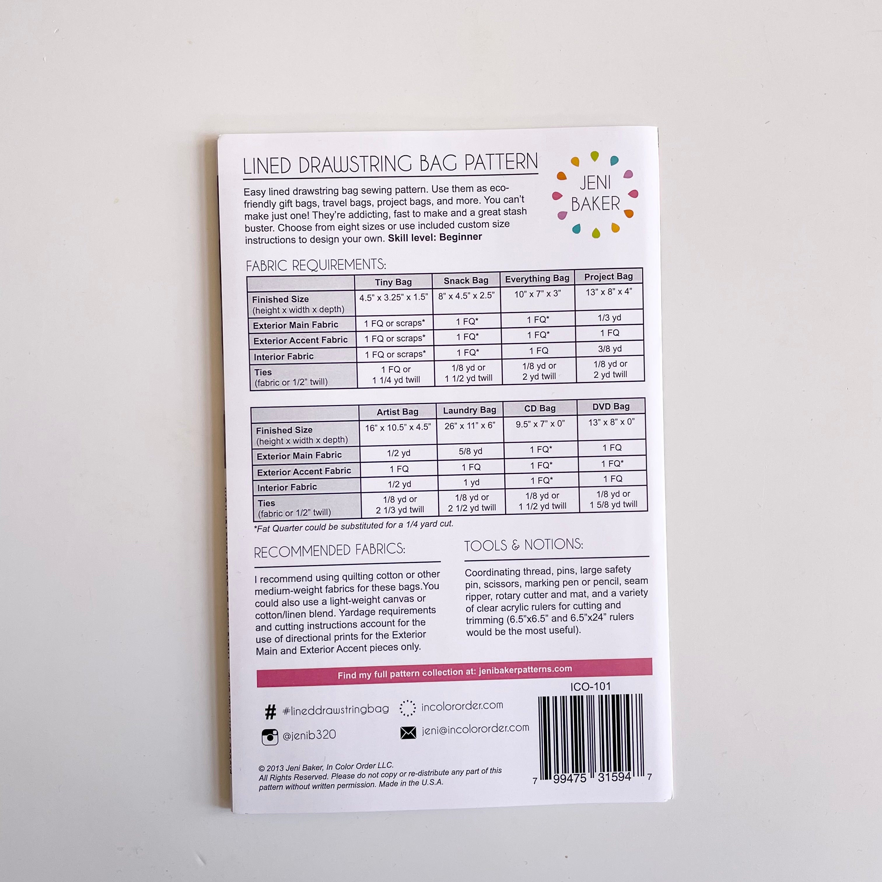 Jeni Baker : Lined Drawstring Bag sewing pattern