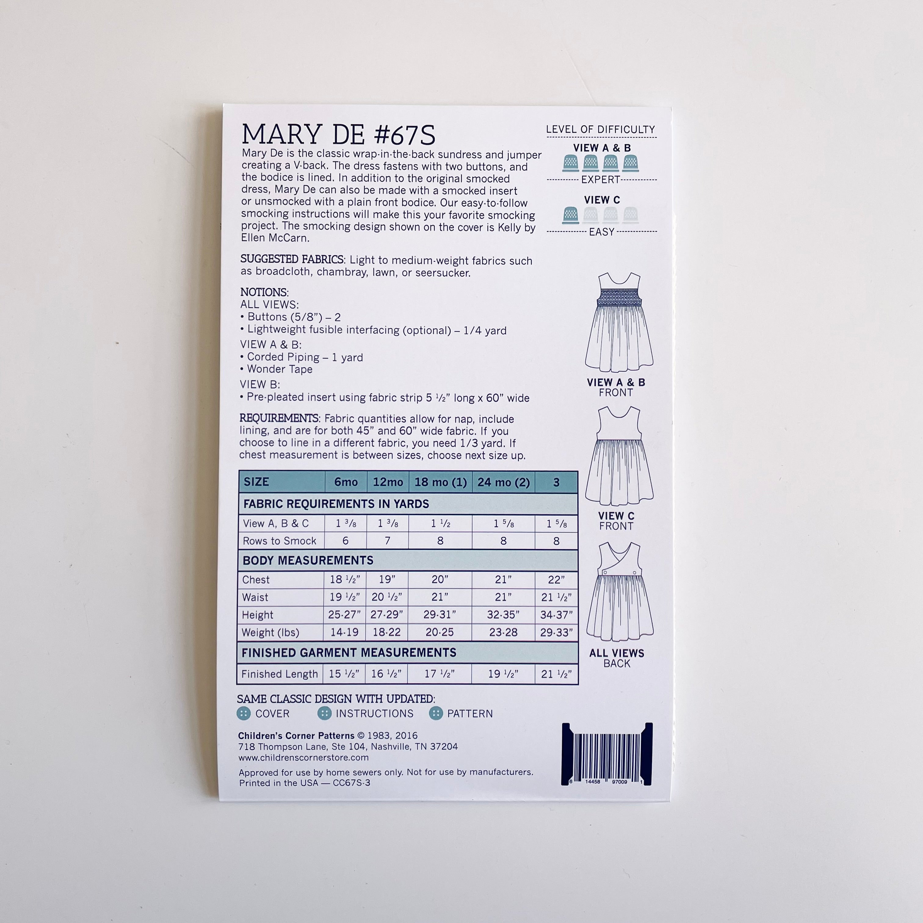 Children's Corner Patterns : Mary De sizes 6m - 3