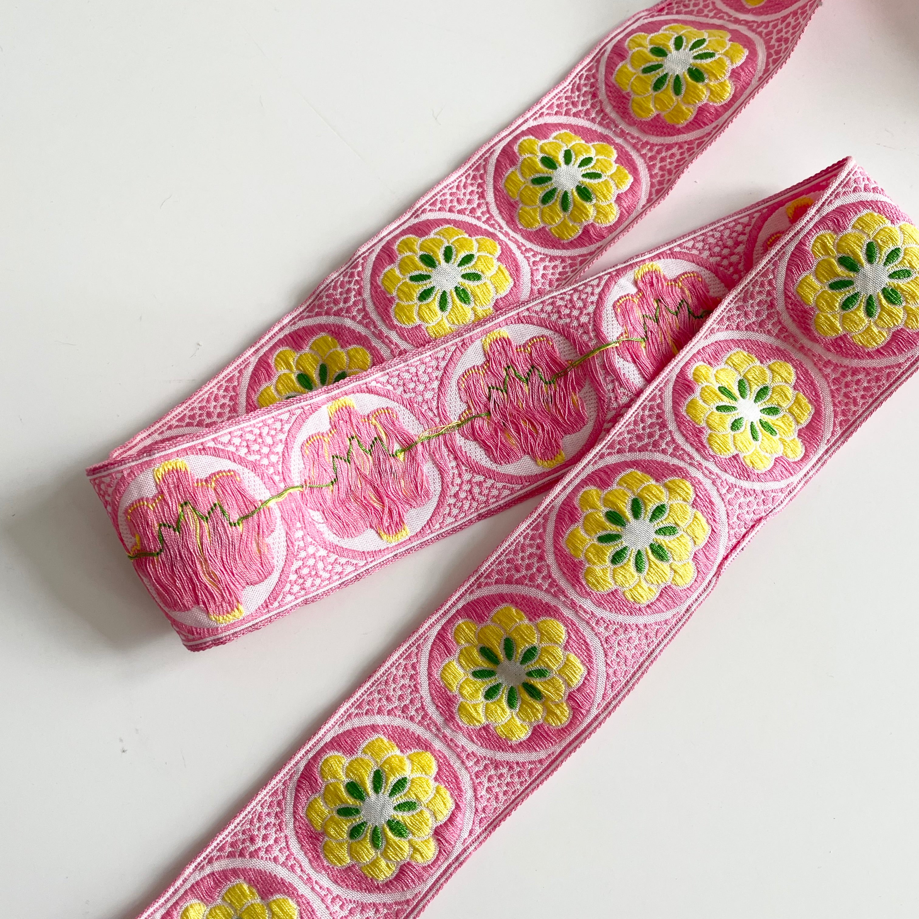Vintage Speckled Floral Ribbon - Yellow on Pink