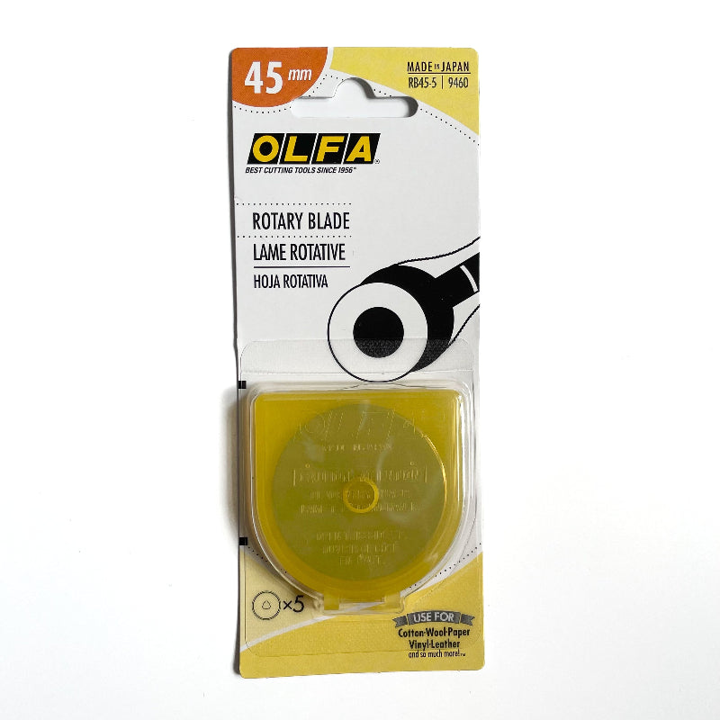 OLFA 45mm rotary blade packaging with yellow blade visible on a white background