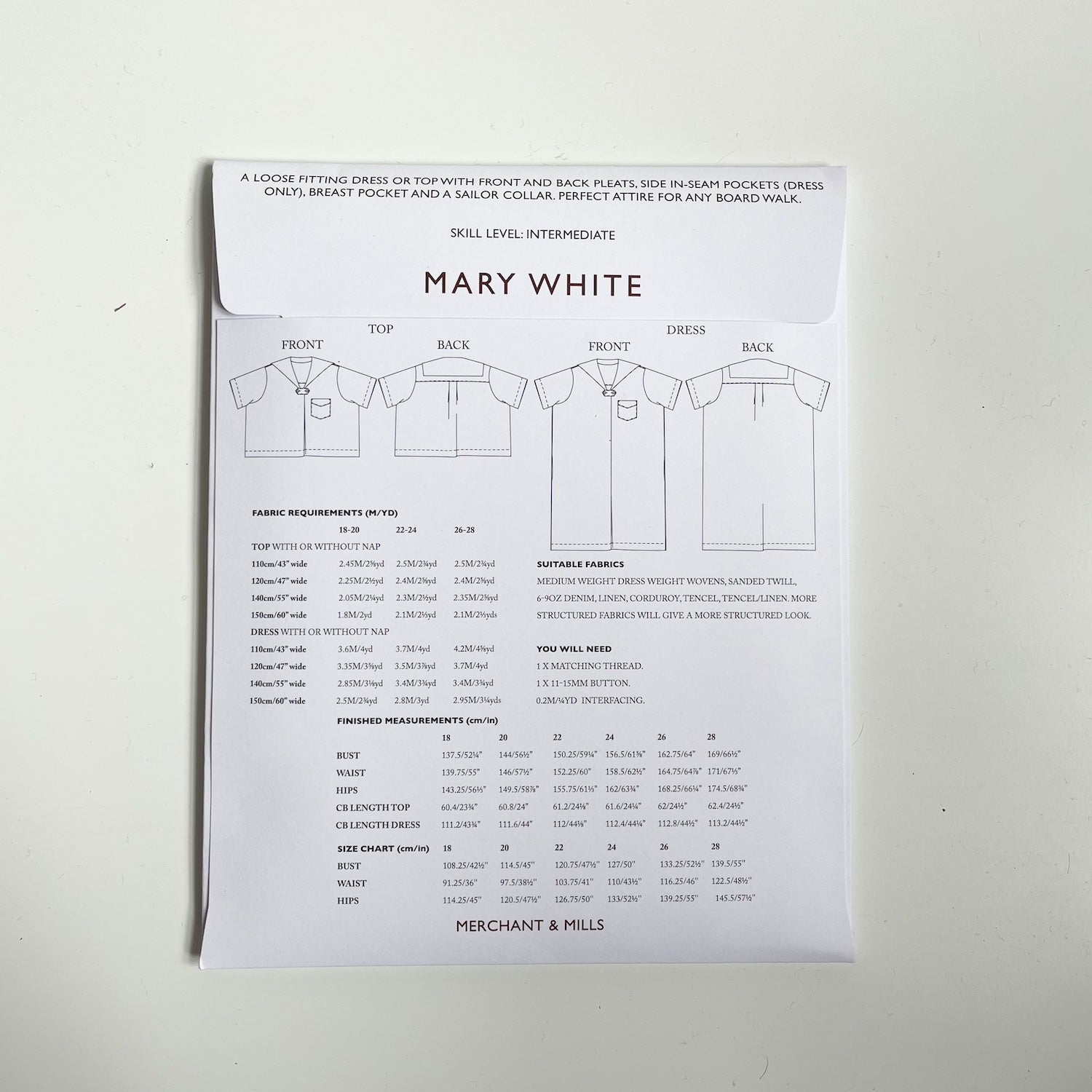 Merchant & Mills Pattern : The Mary White (UK 18-28)