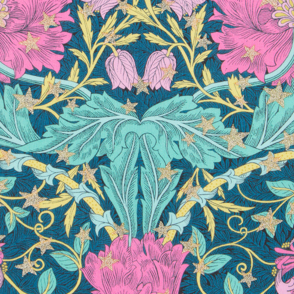 Floral fabric with pink and teal flowers on a blue background Liberty Fabric Christmas 2025 March Sparkle