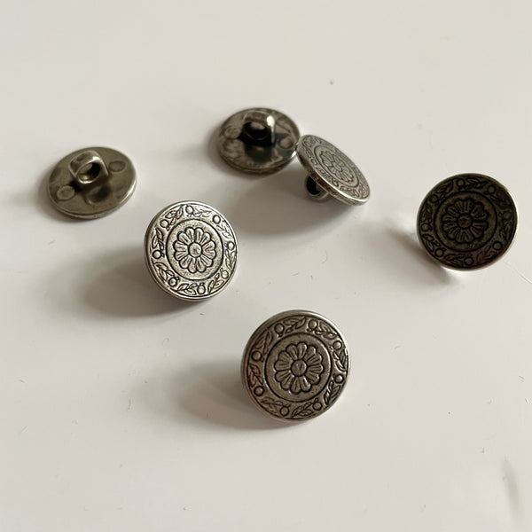 Metal Pressed Flower Shank Button - Antique Silver