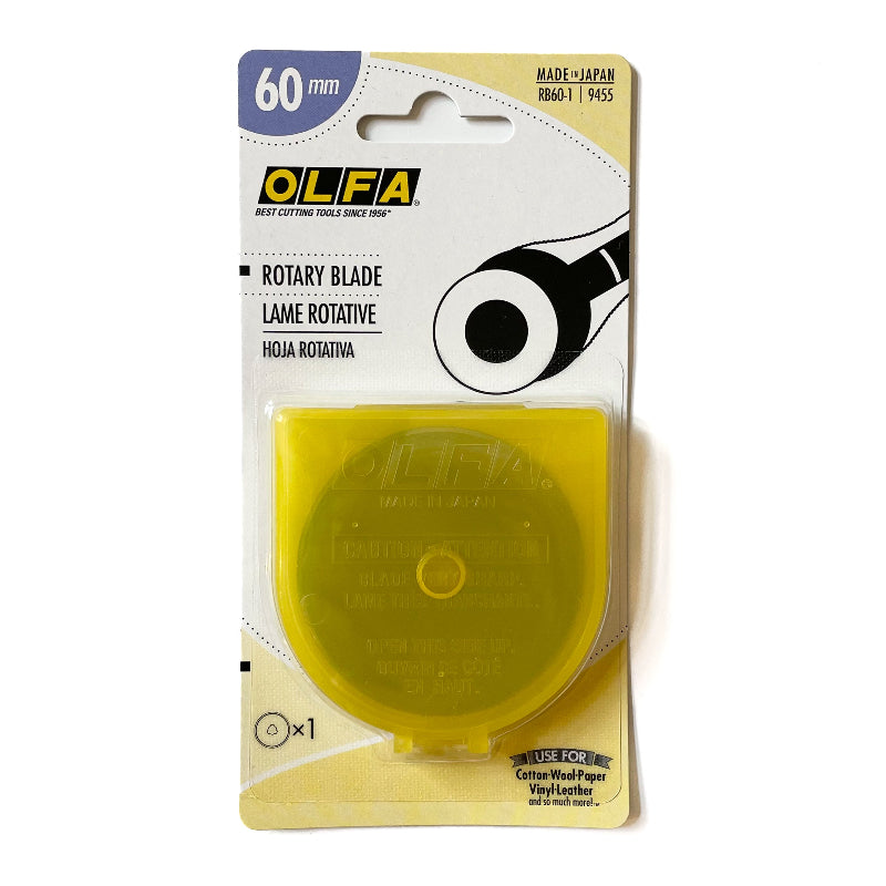OLFA 60mm rotary blade packaging with yellow blade and white background