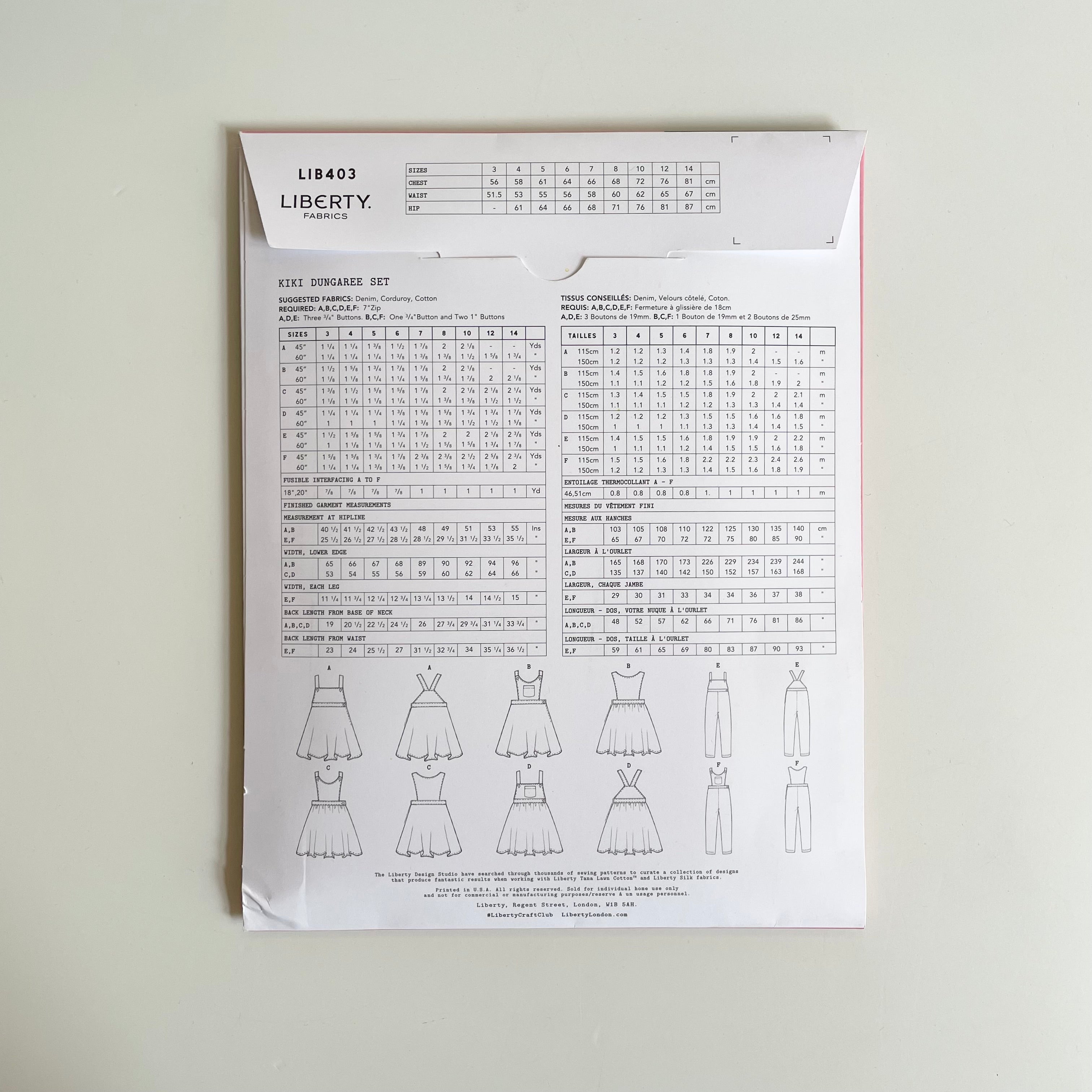 Liberty Fabrics Sewing Pattern : Kiki Dungaree Set