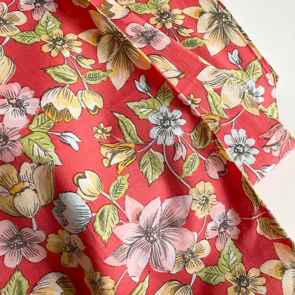 Cotton Lawn - Pastel Flowers on Red