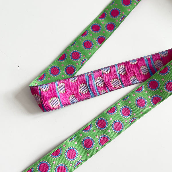 Jane Sassaman Ribbon : Dotty Dots - Green / Hot Pink