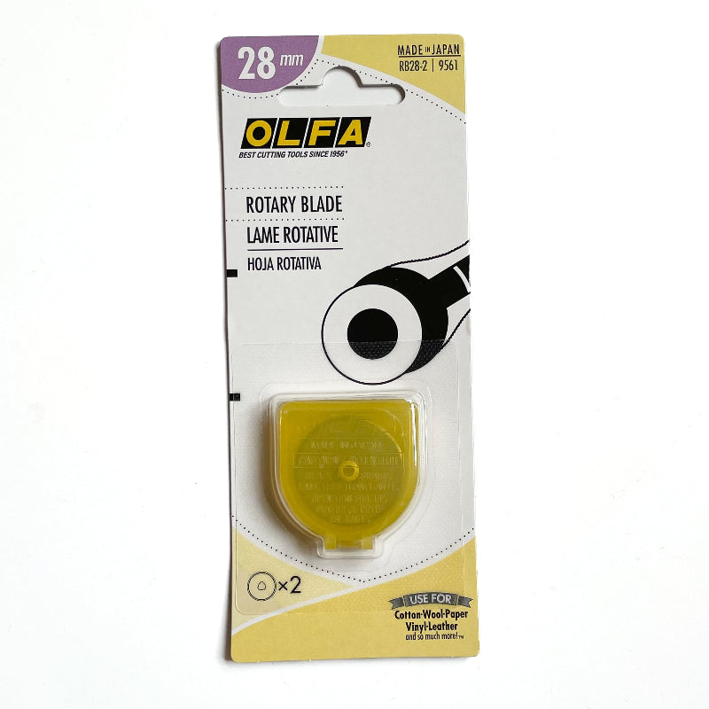 OLFA 28mm rotary blade packaging with yellow blade on a white background