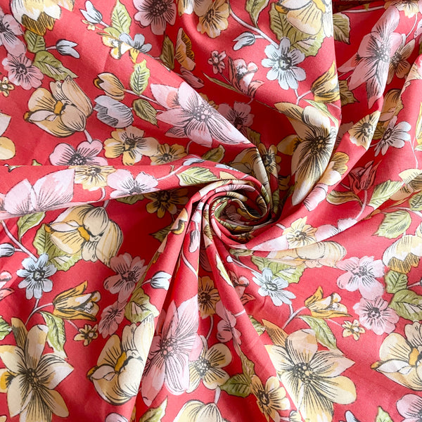 Cotton Lawn - Pastel Flowers on Red
