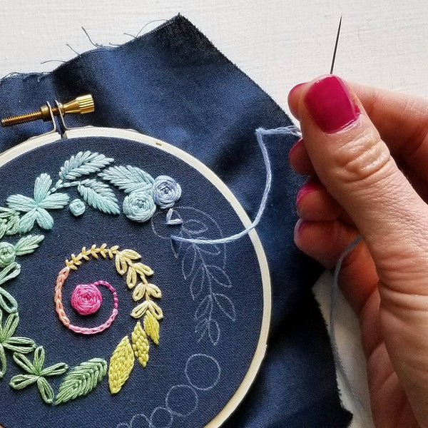 Beginner embroidery spiral sampler by Jessica Long