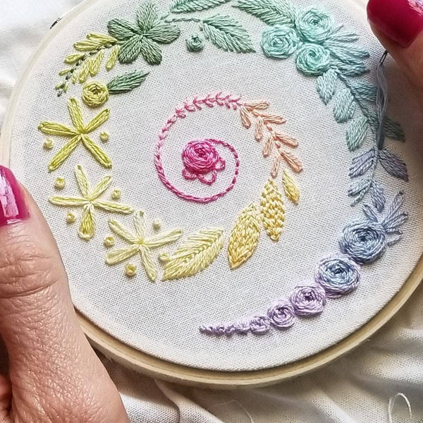 Beginner embroidery spiral sampler by Jessica Long