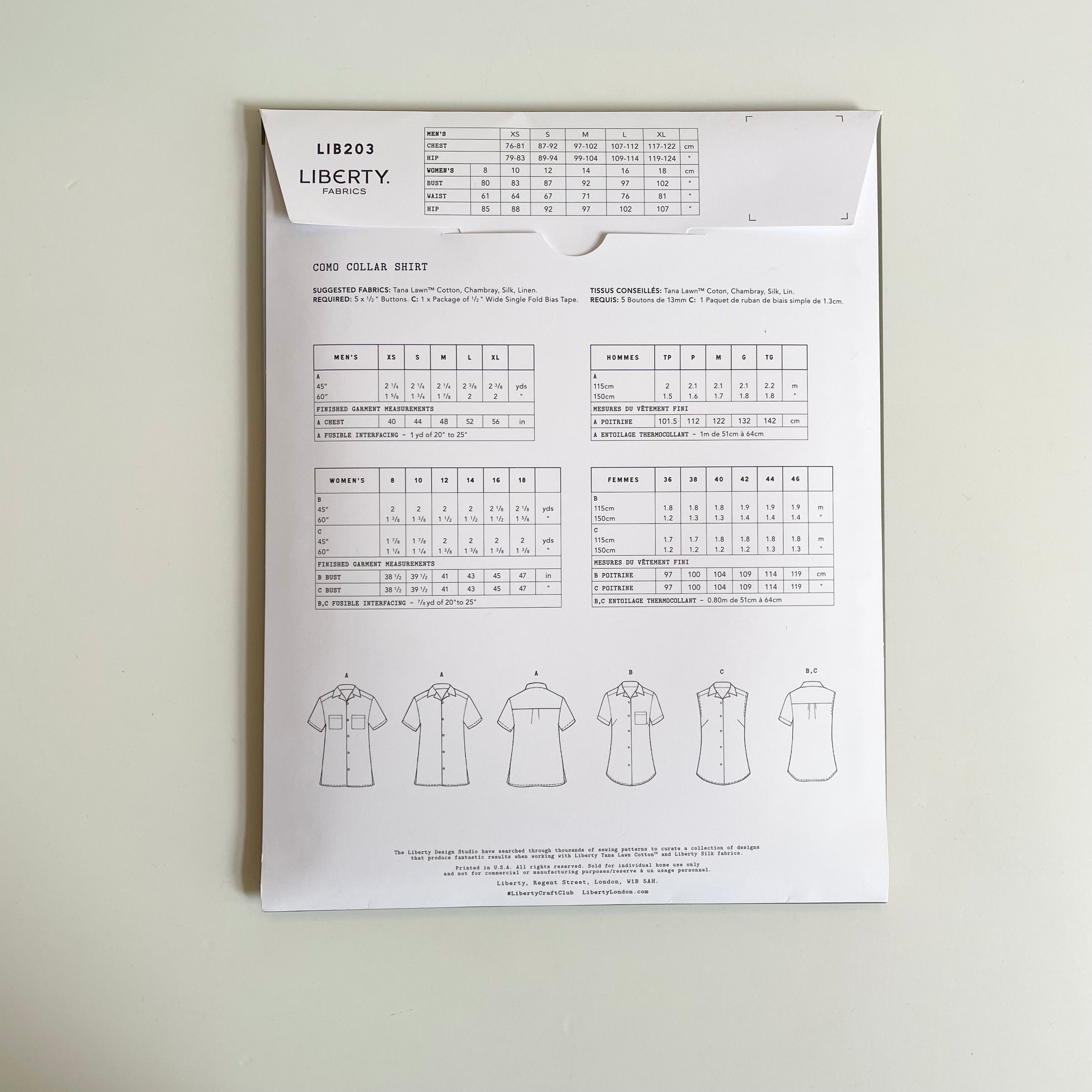 Liberty Fabrics Sewing Pattern : Como Collar Shirt