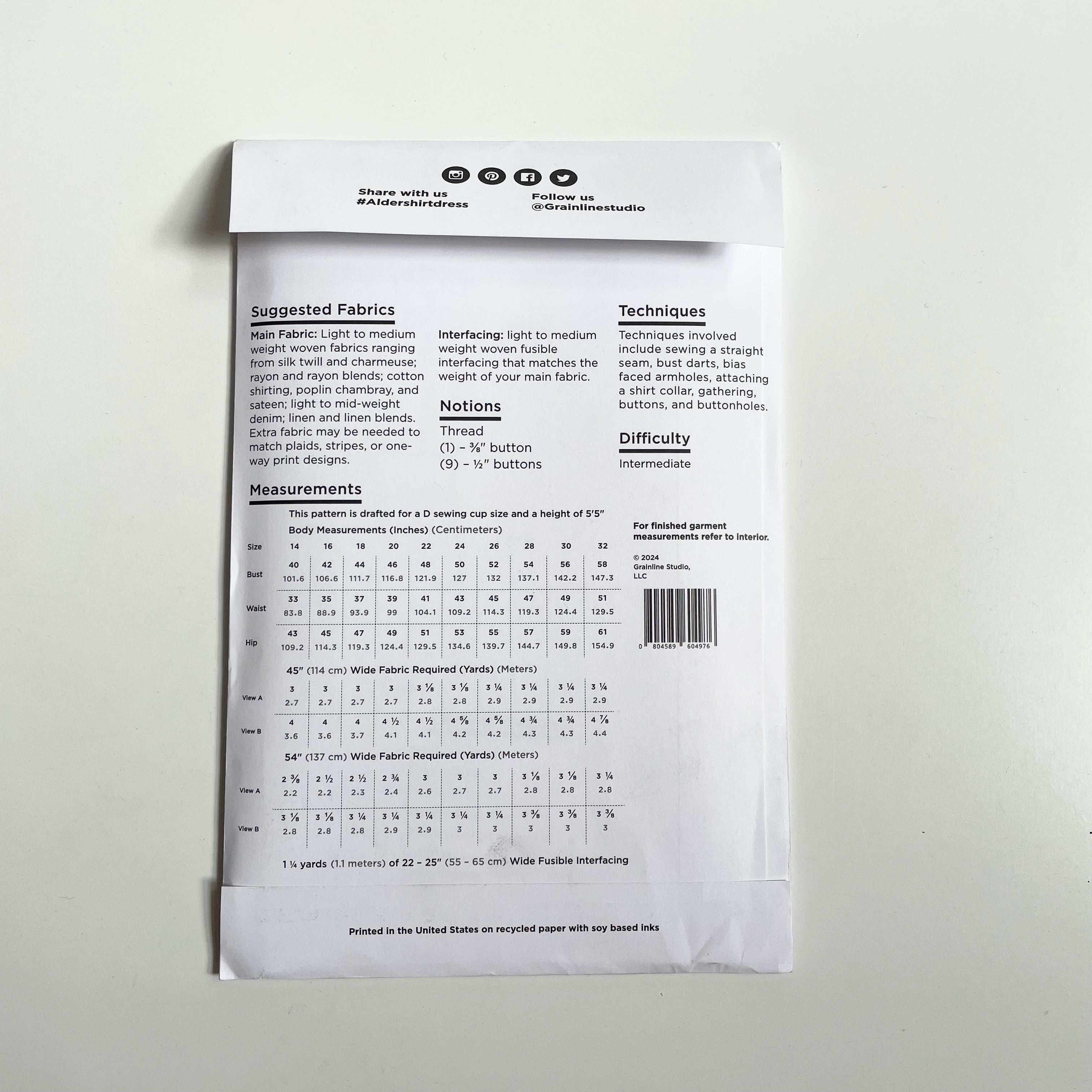 Grainline Studio : Alder Shirtdress sizes 14 - 32