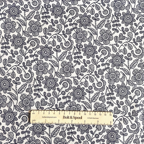 Felicity Fabrics : Sewn With Love - Embroidered Green Natural floral quilting cotton