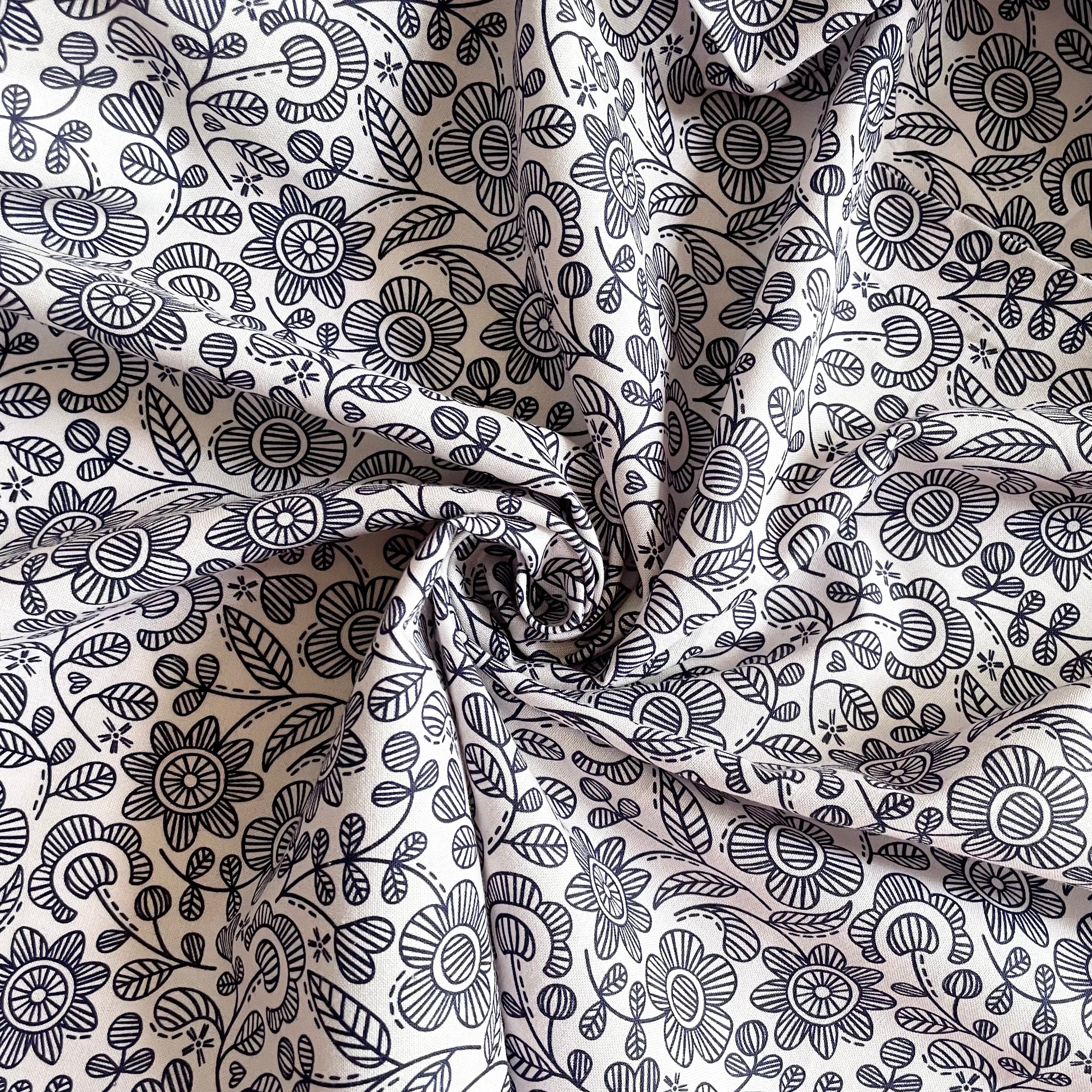Felicity Fabrics : Sewn With Love - Embroidered Green Natural floral quilting cotton