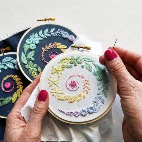 Beginner embroidery spiral sampler by Jessica Long