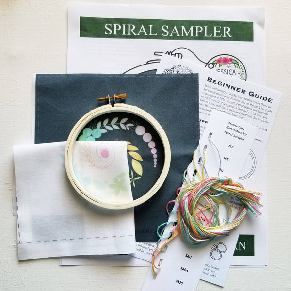 Beginner embroidery spiral sampler by Jessica Long