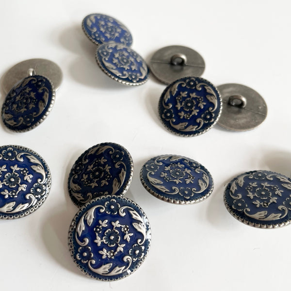 Enameled Flower Metal Shank Button - Blue
