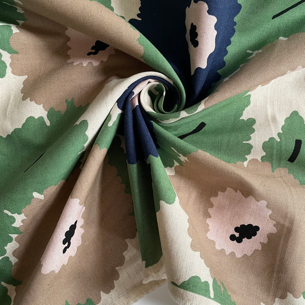 Close-up of floral fabric with green, beige, and blue colors.