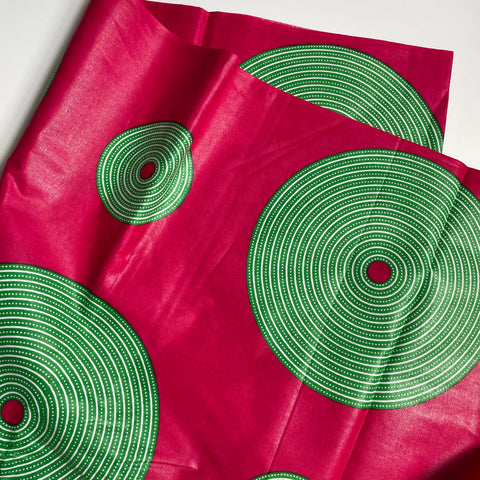 Wax Print Cotton - Green Disks on Pink