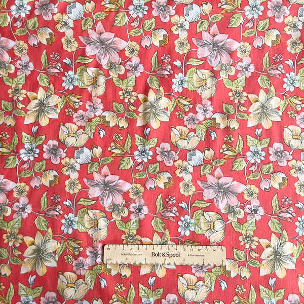 Cotton Lawn - Pastel Flowers on Red