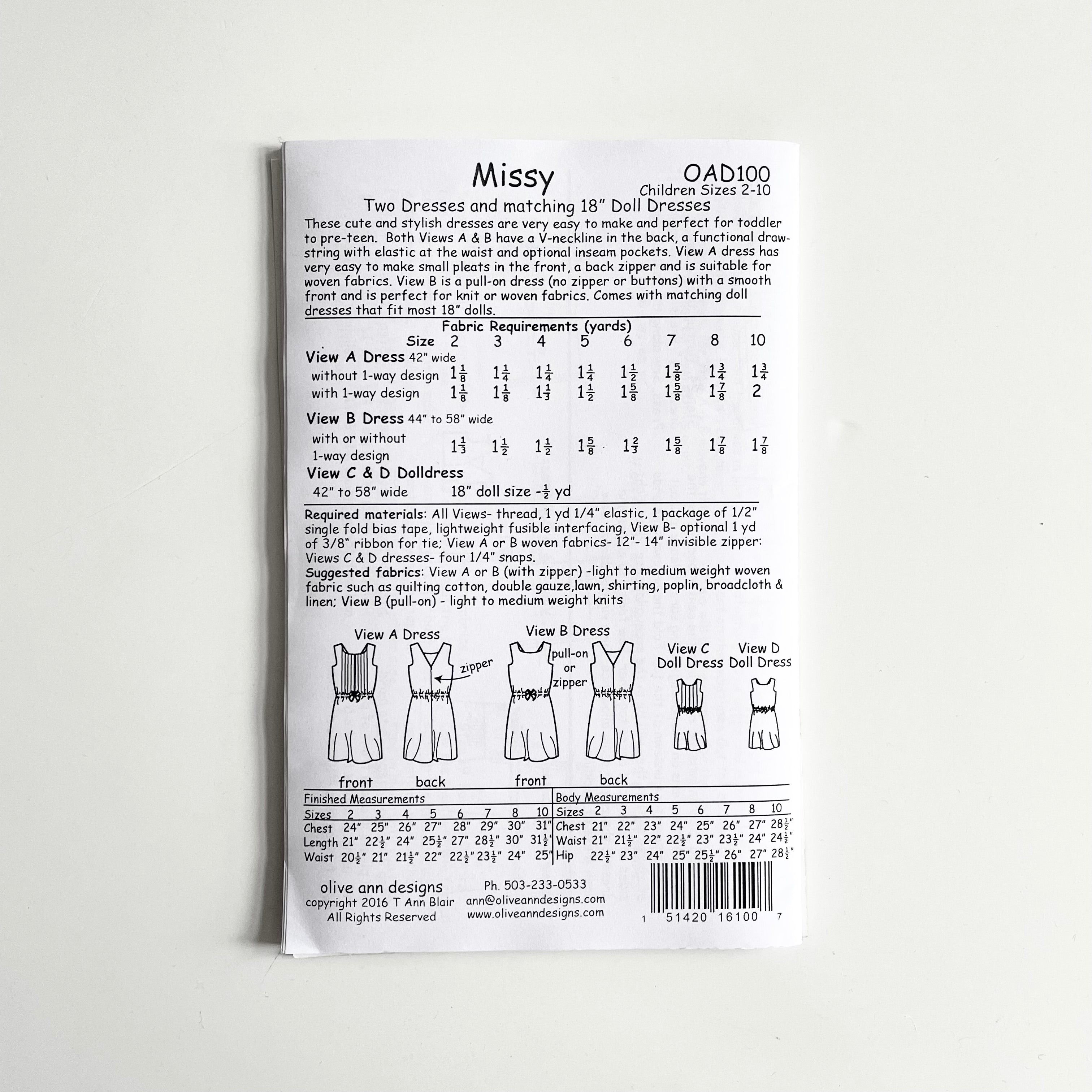 Olive Ann Patterns : Missy Dress & Doll Dress