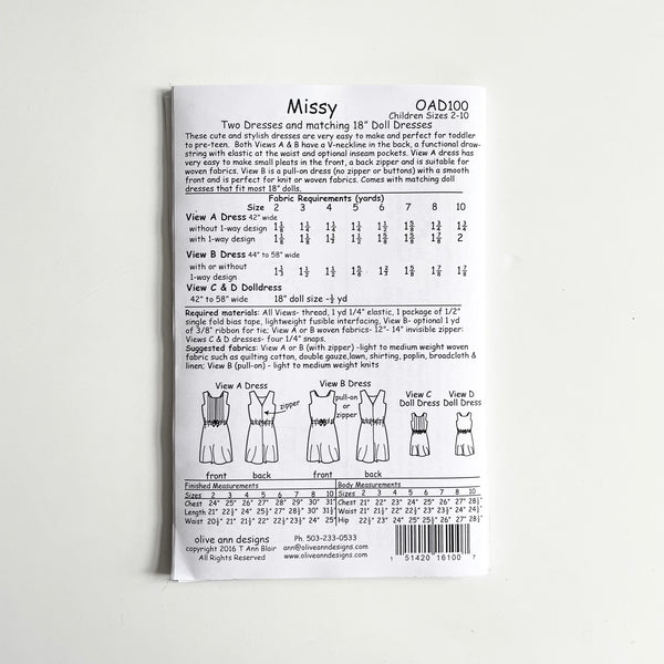 Olive Ann Patterns : Missy Dress & Doll Dress