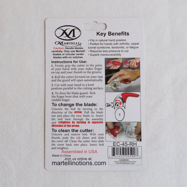 Martelli cutter packaging with key benefits and usage instructions on a gray background