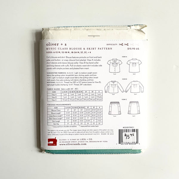 Oliver + S Patterns : Music Class Blouse + Skirt