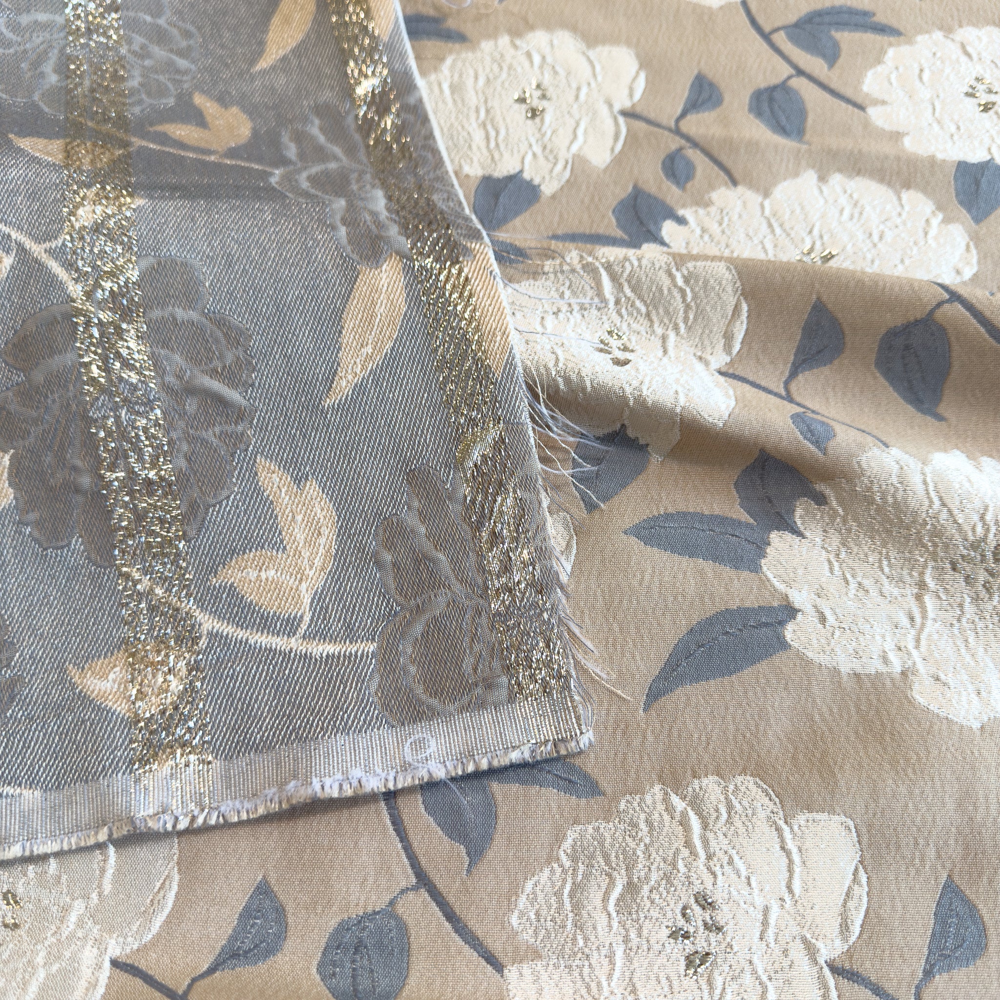 FCN Textiles : Richesse Floral Brocade - Tan and Blue