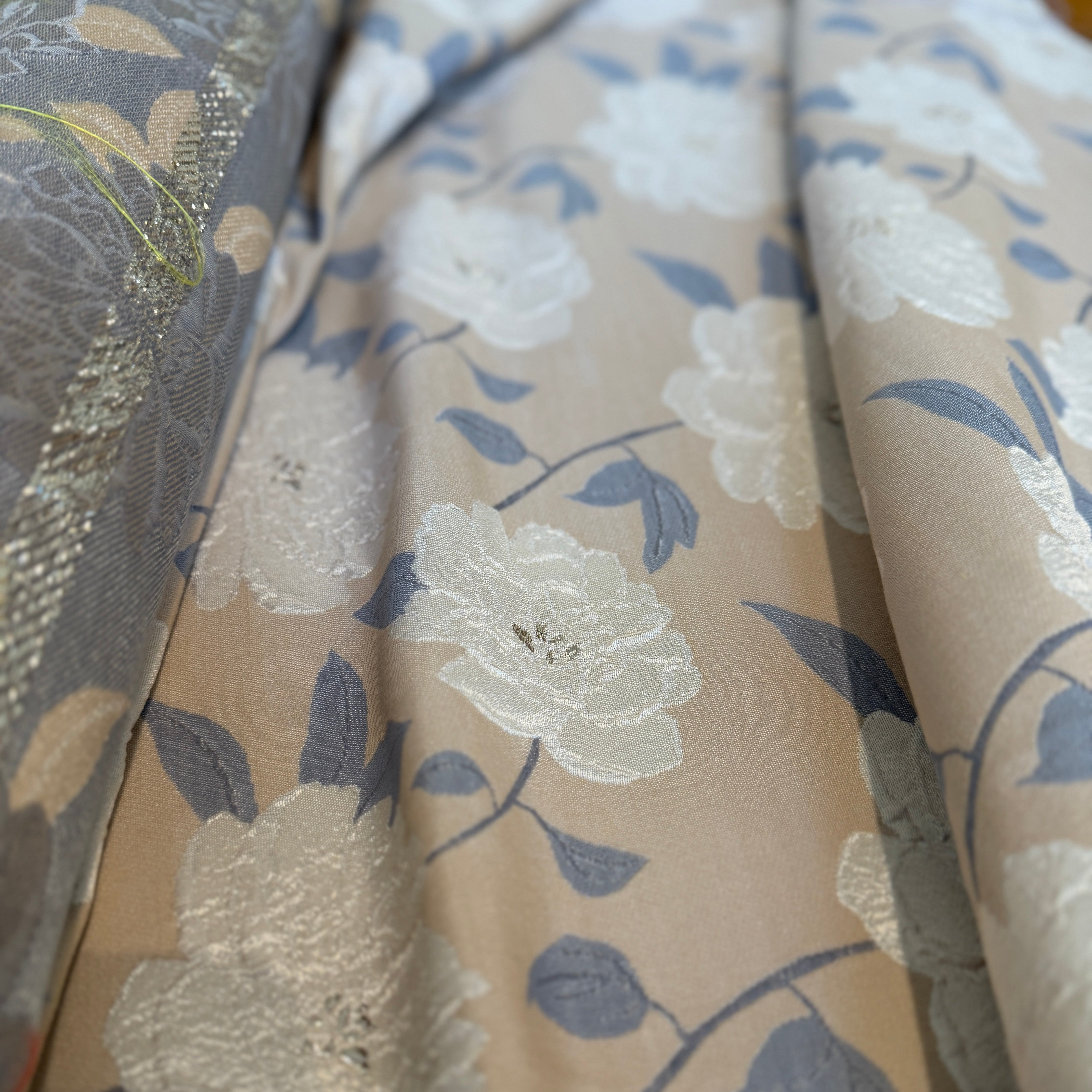 FCN Textiles : Richesse Floral Brocade - Tan and Blue