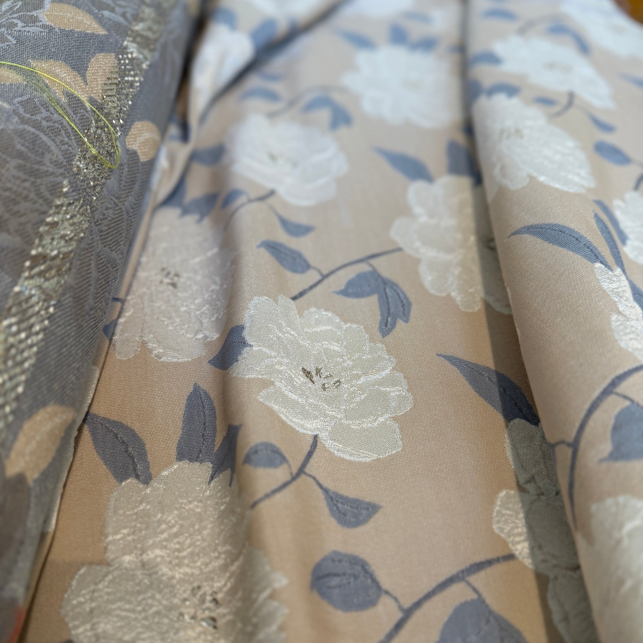 FCN Textiles : Richesse Floral Brocade - Tan and Blue