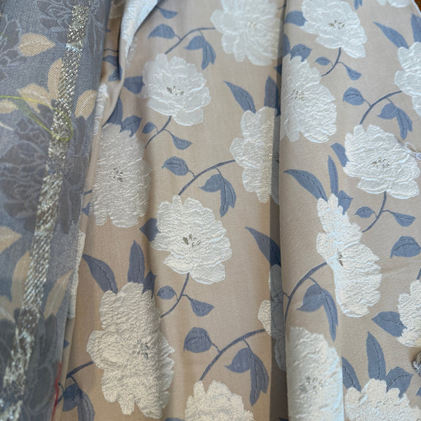 French brocade fabric blue and ecru