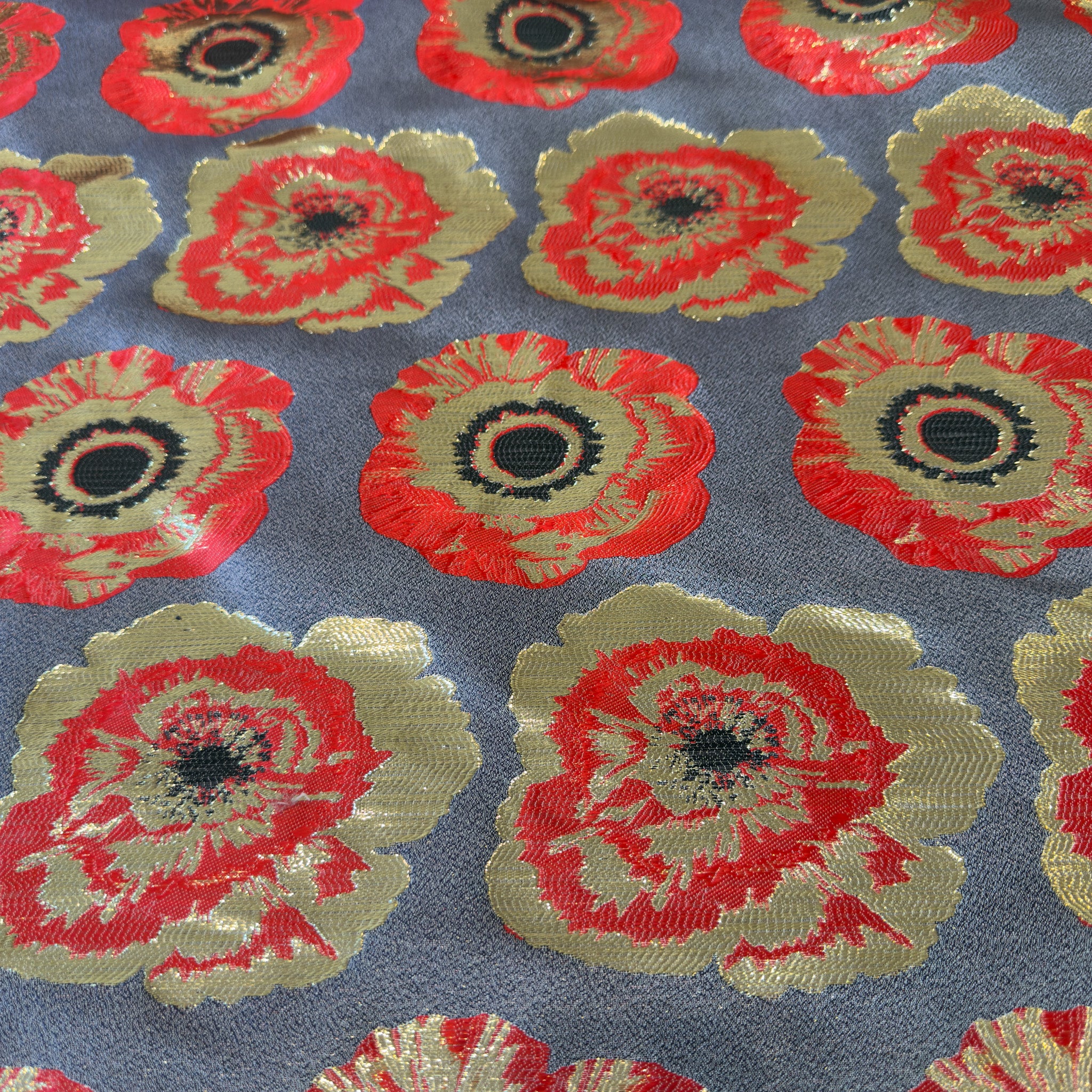 FCN Textiles : Richesse Large Floral Brocade - Scarlet and Grey
