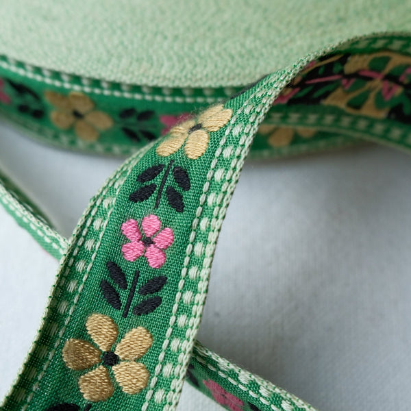 vintage woven green floral jacquard ribbon