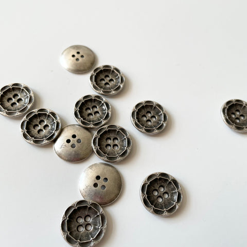 Metal Flower Button - Antiqued Silver