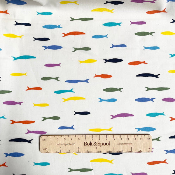Birch Organic Fabric : Just for Fun - Blue School Bright Multi rainbow fish