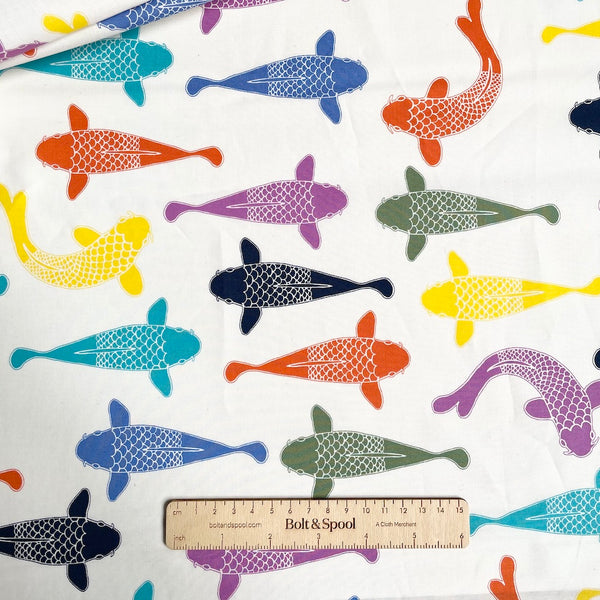 Birch Organic Fabric : Just for Fun - Playing Koi Bright Multi rainbow fish