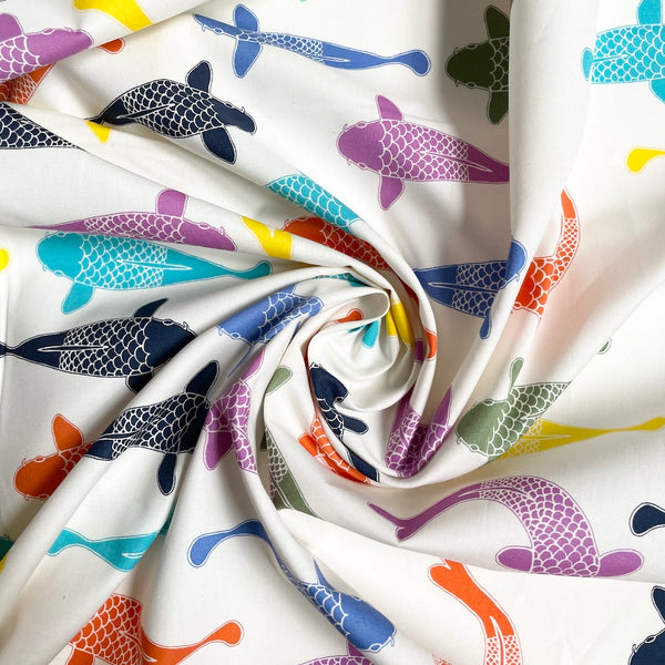 Birch Organic Fabric : Just for Fun - Playing Koi Bright Multi rainbow fish
