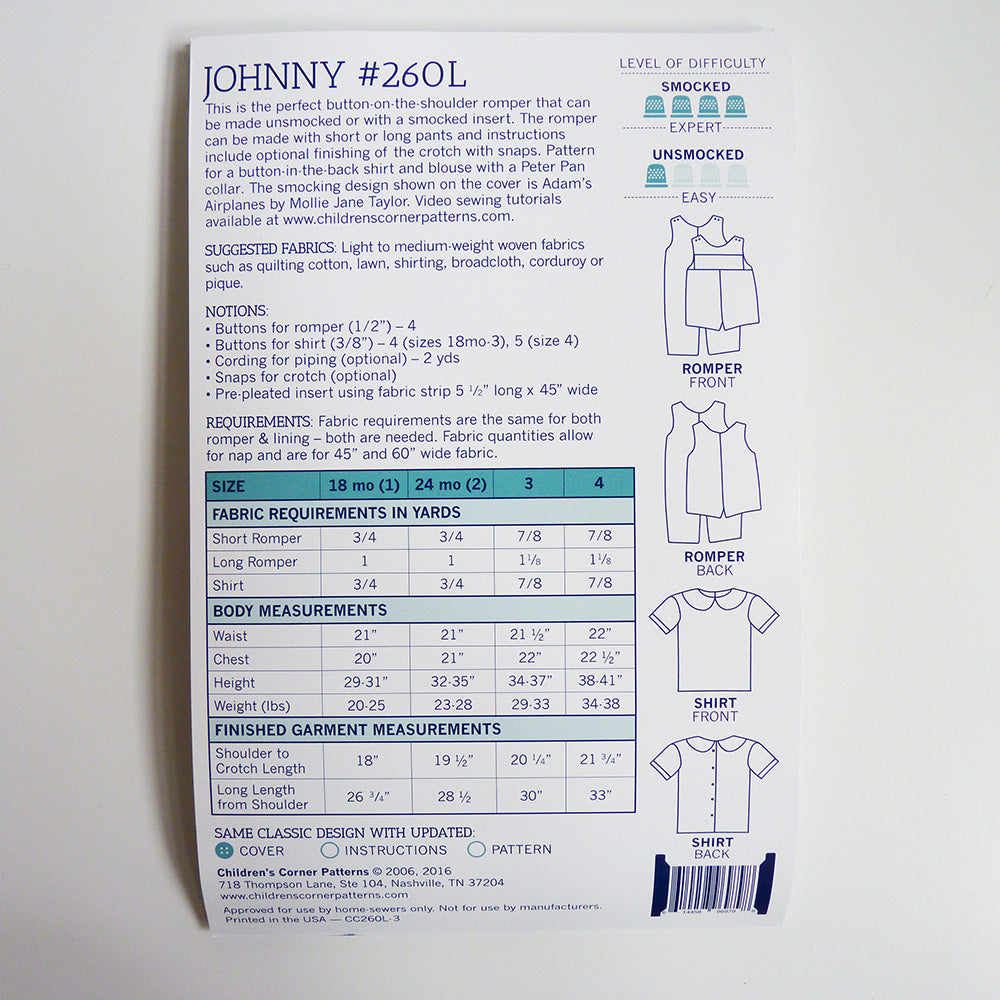 Children's Corner Patterns : Johnny romper
