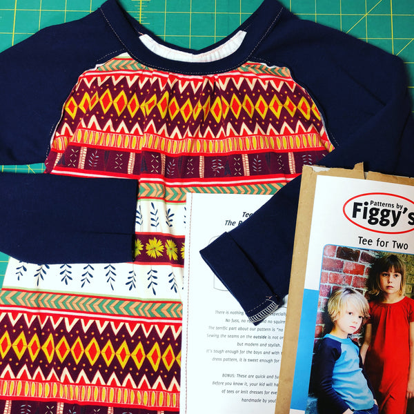 Figgy's raglan tee dress made in Art Gallery Fabrics knit Sun Tracks fabric