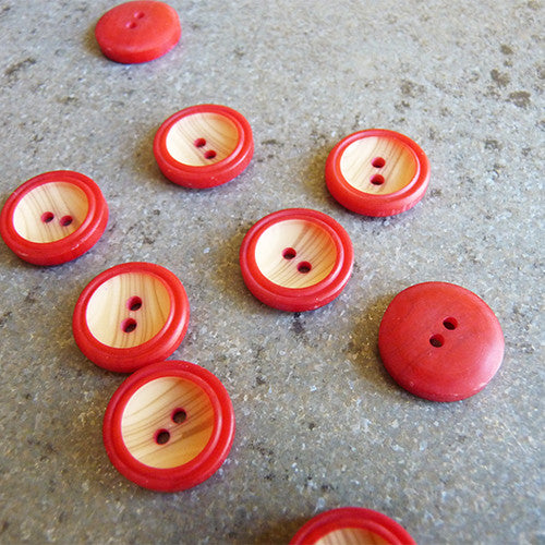 woody rimmed plastic button red 2 hole